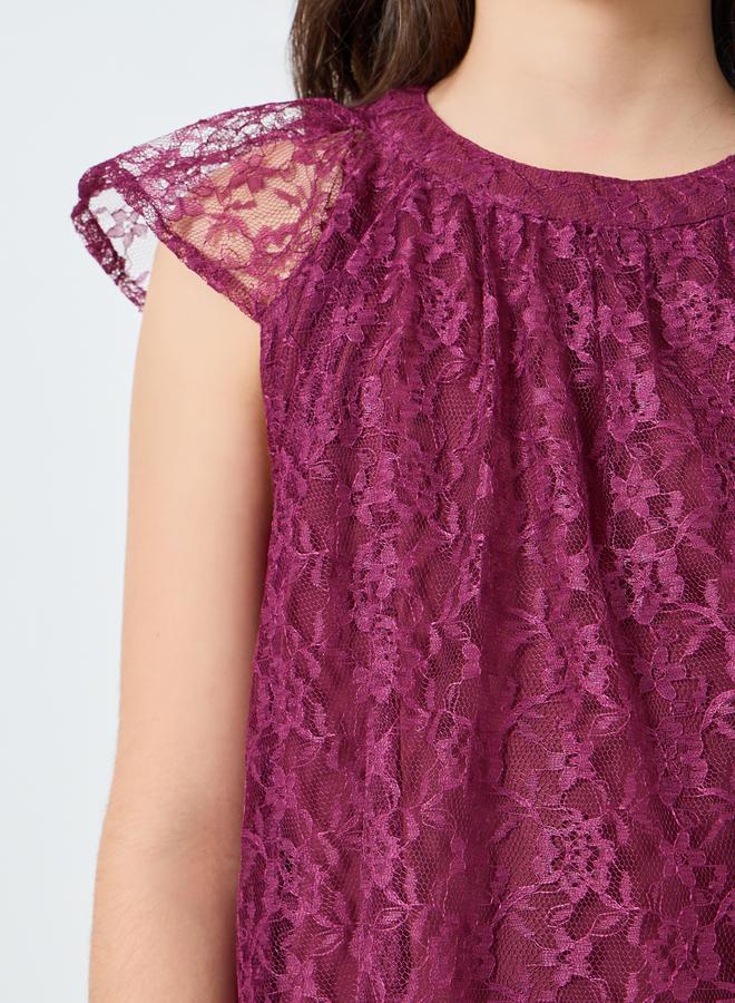 Styli Girls Burgundy Lace Short Sleeve Dress - Image 2